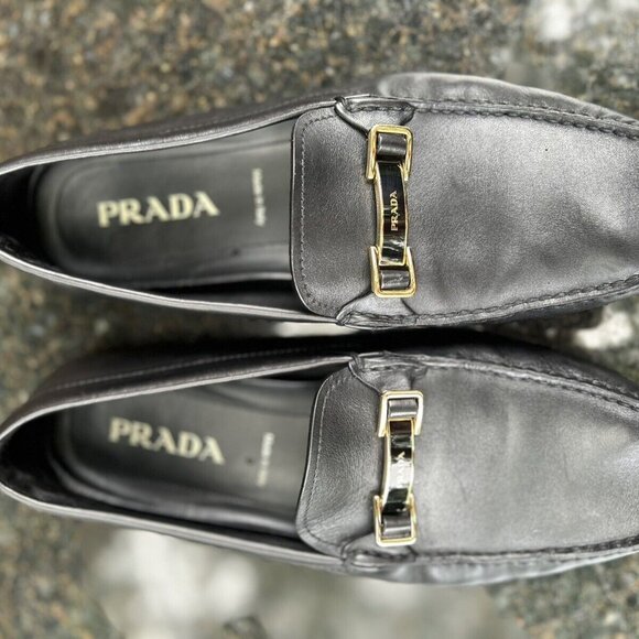 AUTH PRADA LEATHER LOGO LOAFER/BUSINESS SHOE 2DD163 BLACK LEATHER US 10.5 - Picture 3 of 8